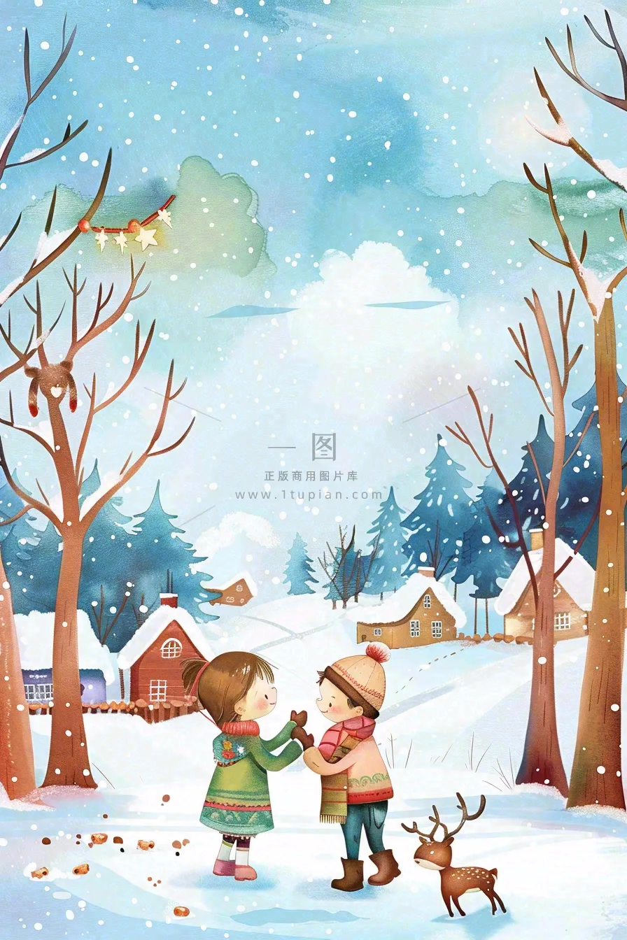 冬天白雪覆盖寒冷唯美雪景小寒插画背景