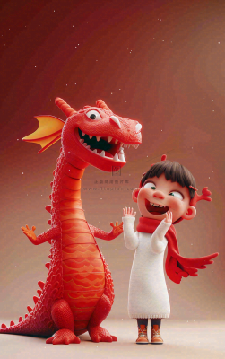 新春节日龙年儿童庆祝喜庆红色小年新年卡通插画背景 新春节日龙年儿童庆祝喜庆红色小年新年卡通插画背景