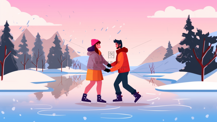 冬季雪山湖面溜冰滑冰的情侣夕阳余晖卡通插画背景 冬季雪山湖面溜冰滑冰的情侣夕阳余晖卡通插画背景