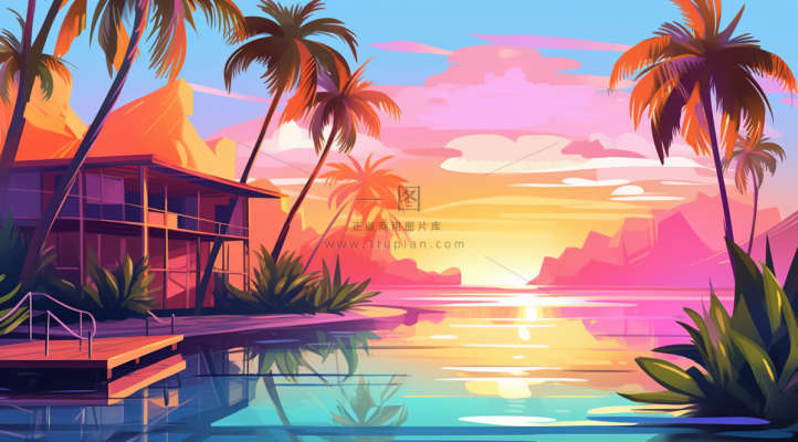 夏日泳池夕阳晚霞椰树摄影图