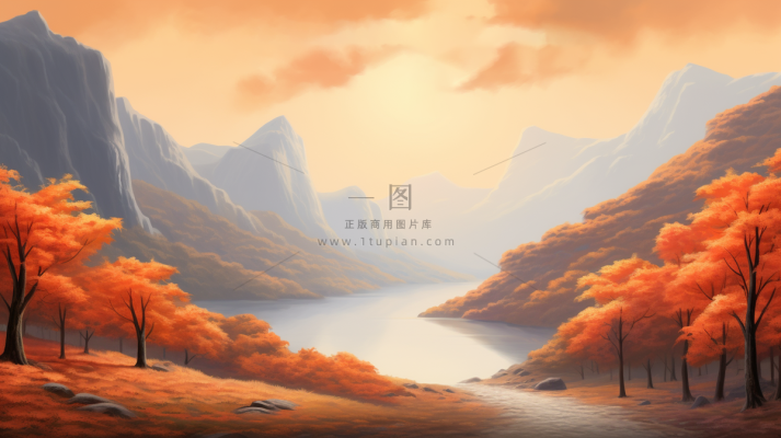 秋季树木湖泊河流风景新疆插画素材背景