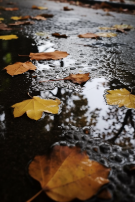 秋天雨天掉落地上的落叶黄叶摄影图