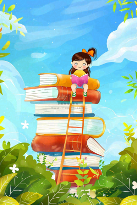 坐着书本课本堆砌上学习的学生孩子创意世界读书日卡通插画背景