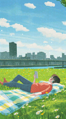 城市阳光蓝天白云人物在草地风景手绘插画,休闲 城市阳光蓝天白云人物在草地风景手绘插画,休闲