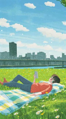 城市阳光蓝天白云人物在草地风景手绘插画,休闲 城市阳光蓝天白云人物在草地风景手绘插画,休闲