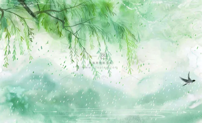 春天梅雨季柳树燕子清冷雨水谷雨惊蛰清明节水墨水彩插画背景