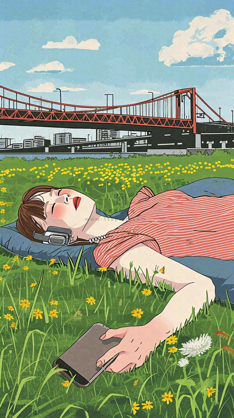 城市阳光蓝天白云人物在草地风景手绘插画,休闲