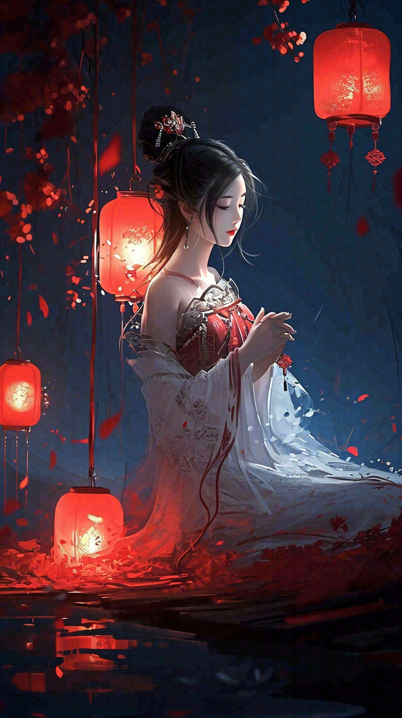 古风夜晚湖边少女灯笼意境水面