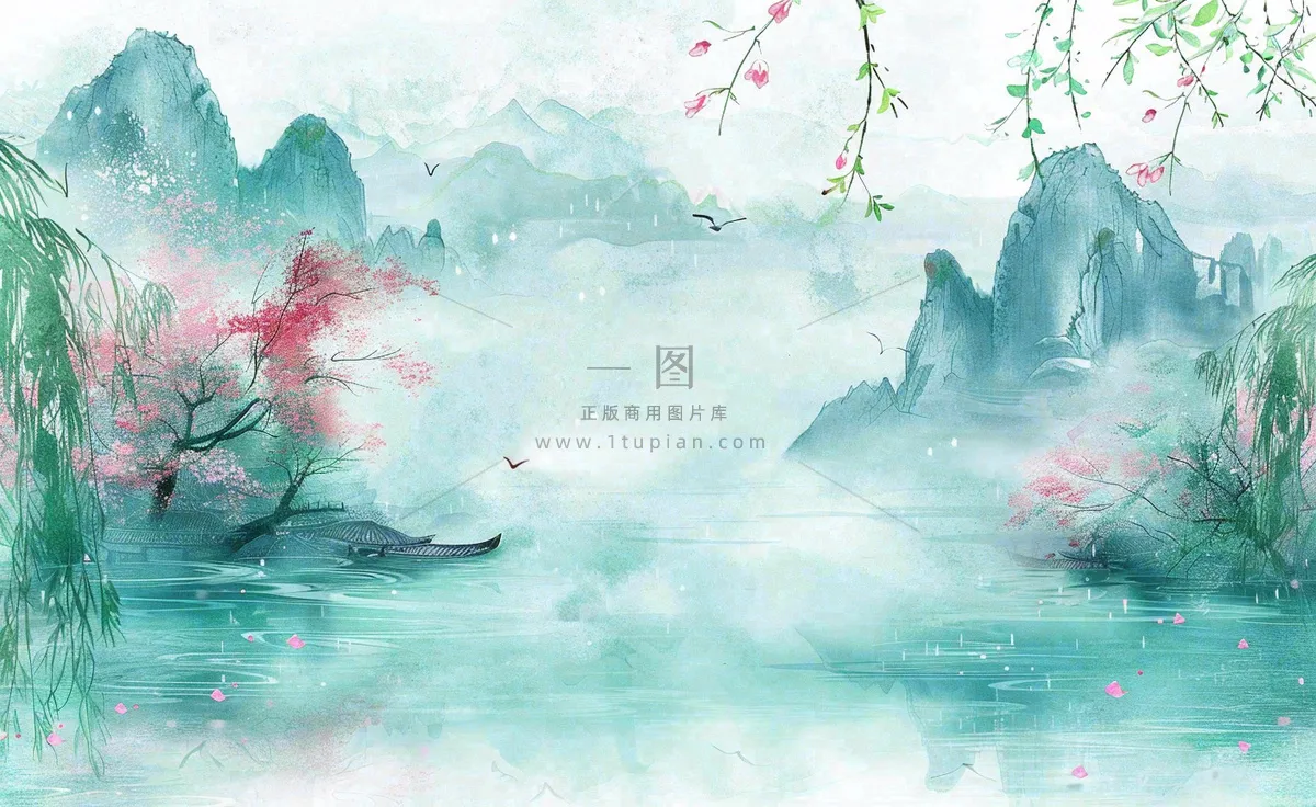 春天桃花柳树燕子清明山水国画中国风古风水雨水谷雨背景