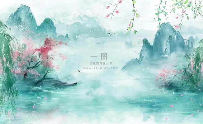 春天桃花柳树燕子清明山水国画中国风古风水雨水谷雨背景 春天桃花柳树燕子清明山水国画中国风古风水雨水谷雨背景