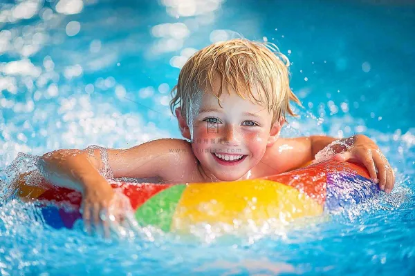 在游泳池玩水的儿童男孩游泳圈摄影图