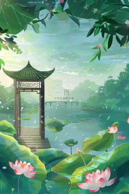 夏日江南苏式园林荷花池塘凉亭树荫阳光立夏夏至处暑插画背景