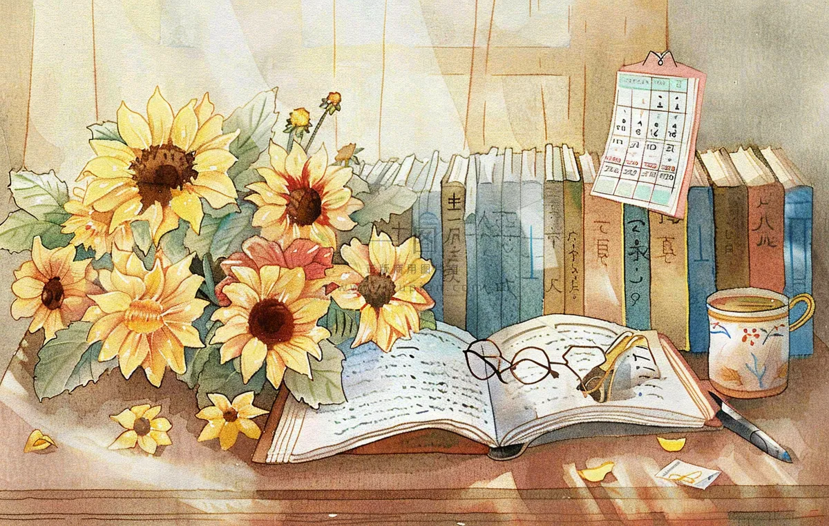 教师节办公桌向日葵备课老师水彩插画背景