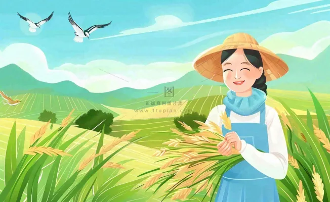 世界粮食日芒种秋收稻田麦子农民天空小满创意手绘卡通插画背景