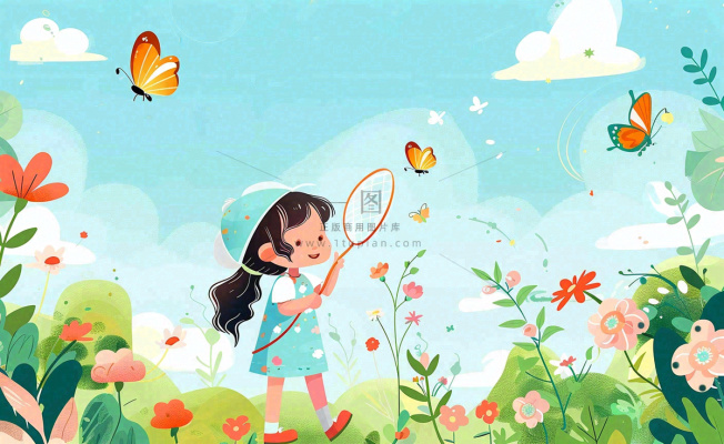 春天女孩在花丛里扑蝴蝶玩耍儿童节踏青春分插画背景