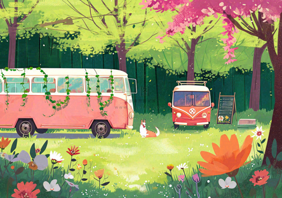 清新可爱春日郊游旅行房车粉绿蜡笔插画手绘草坪,惊蛰春分 清新可爱春日郊游旅行房车粉绿蜡笔插画手绘草坪,惊蛰春分