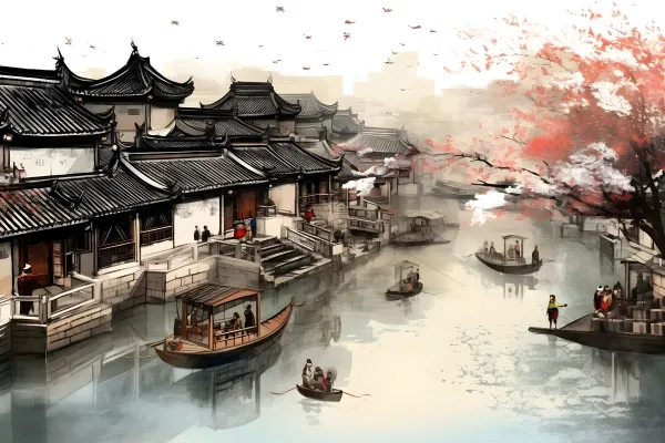 江南水乡水墨画插画海报素材背景