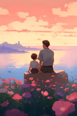 长辈父亲和孩子坐着看落日晚霞浪漫背景