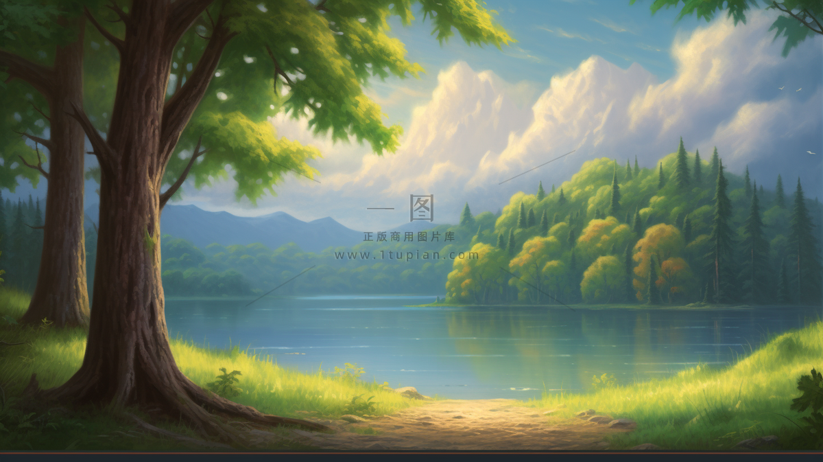 森林山林湖泊风景素材插画