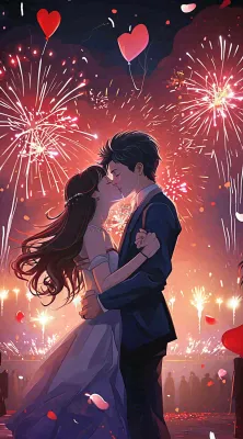 浪漫情人节爱心爱情夜晚烟花，跳舞插画