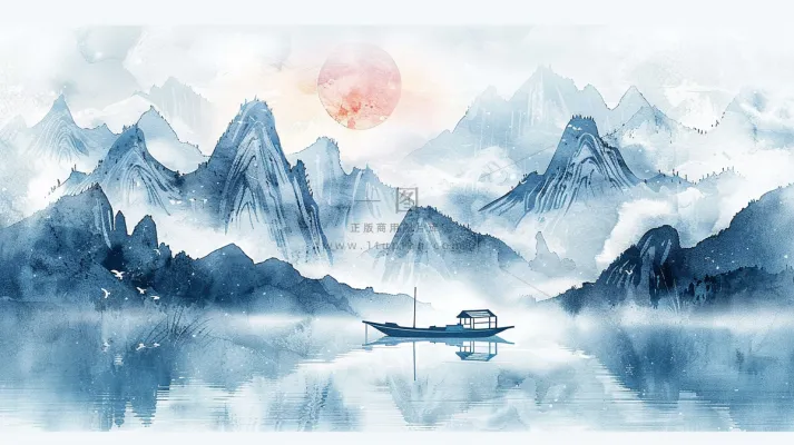 水墨山水画小船河面山川连绵国画插画背景