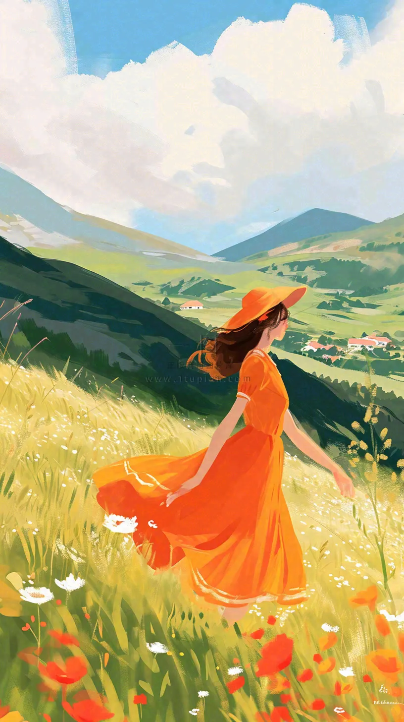 春天山脉草坪花海上穿裙子的女孩油画手绘插画，清新浪漫，踏青春游