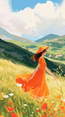 春天山脉草坪花海上穿裙子的女孩油画手绘插画,清新浪漫,踏青春游 春天山脉草坪花海上穿裙子的女孩油画手绘插画,清新浪漫,踏青春游