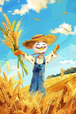 农场农田里的稻草人小麦麦穗秋收粮食芒种立秋秋分卡通插画背景