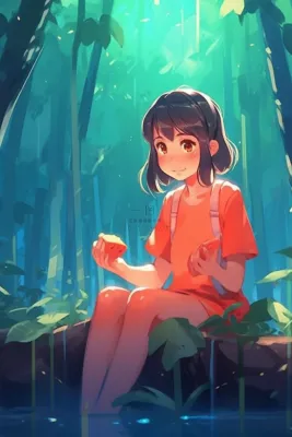 女孩在森林里嬉水插画背景