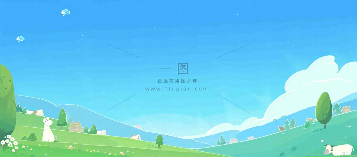春天卡通扁平插画手绘蓝天绿色草地，春游，郊游，踏青