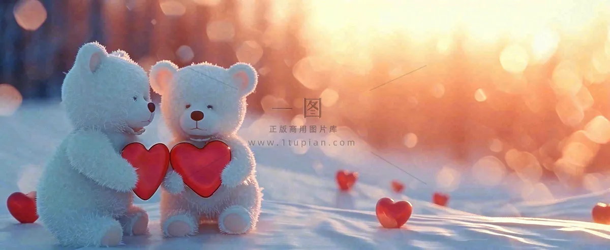 冬天雪地落日下爱情小熊，浪漫雪花情人节520爱情气球摄影图