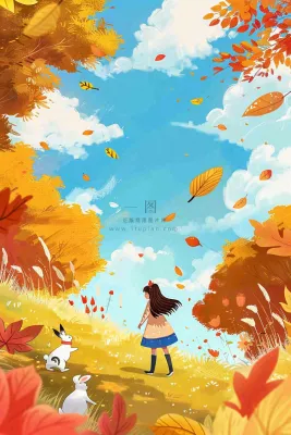 秋天秋意浓森林公园女孩白兔金黄树木草丛蓝天白云立秋秋分卡通插画背景