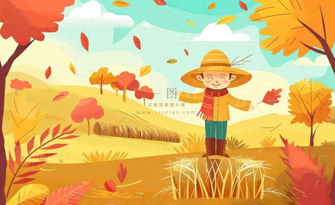 金秋稻田麦田稻草人秋风瑟瑟落叶立秋秋分处暑卡通插画背景 金秋稻田麦田稻草人秋风瑟瑟落叶立秋秋分处暑卡通插画背景