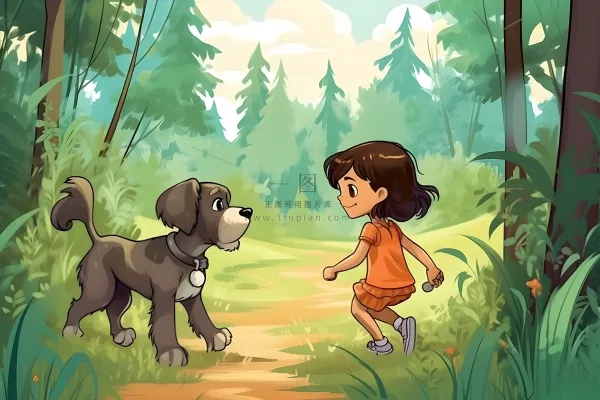 春天小女孩和小狗在森林里漫步手绘插画海报素材背景