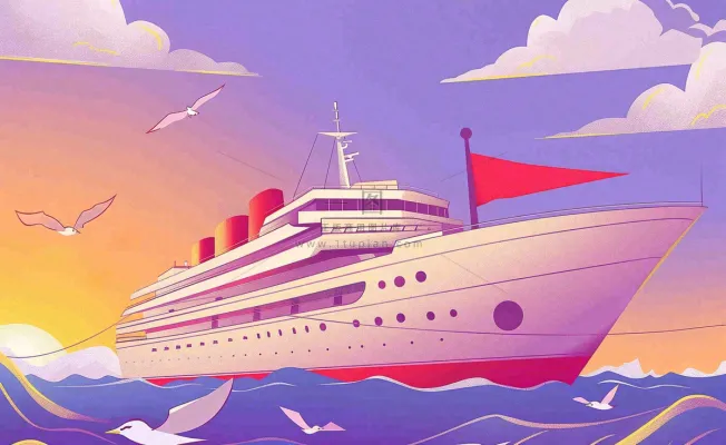 夕阳落日下的海上邮轮船海鸥度假旅游建军卡通插画背景