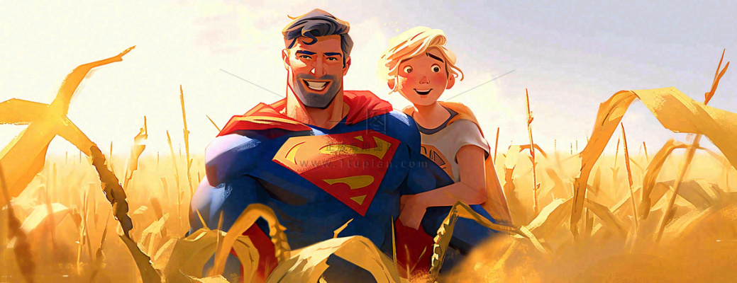 秋天麦田里的超人爸爸,父亲节父爱温馨,陪伴孩子插画 秋天麦田里的超人爸爸,父亲节父爱温馨,陪伴孩子插画