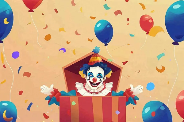 小丑搞怪马戏团游乐园愚人节气球彩带庆祝卡通插画背景