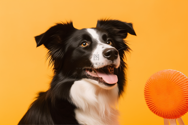 一只可爱的边牧宠物狗橙色背景摄影图