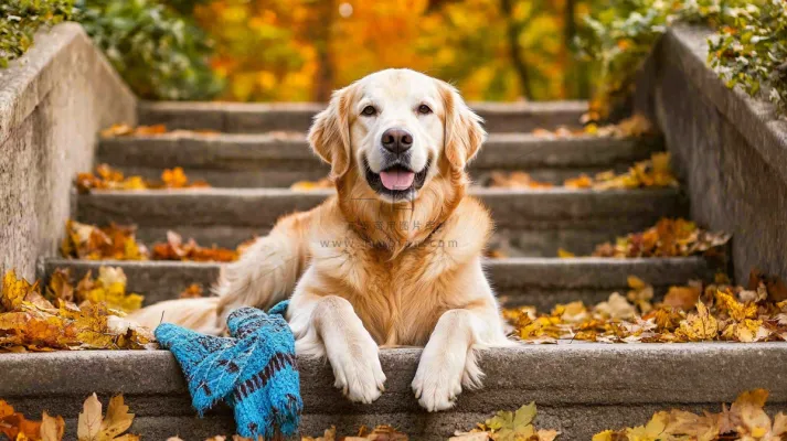秋天公园台阶上的金毛犬狗宠物摄影图