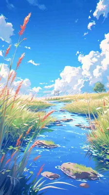 蓝天白云草地溪流春天阳光灿烂的日子春分春风,插画手绘 蓝天白云草地溪流春天阳光灿烂的日子春分春风,插画手绘