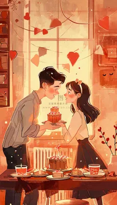 情人节情侣浪漫圣诞节日温馨生日会,插画手绘,居家餐厅美食 情人节情侣浪漫圣诞节日温馨生日会,插画手绘,居家餐厅美食