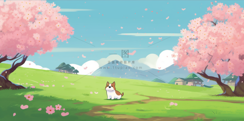 蓝天白云草坪樱花飘零小狗粉色花朵卡通插画素材背景