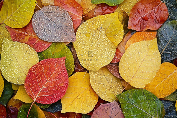 秋天雨季的落叶色彩摄影图