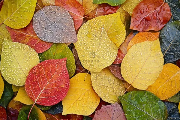 秋天雨季的落叶色彩摄影图