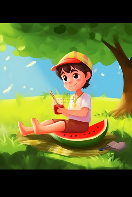 夏日人物水果树荫乘凉插画素材背景 夏日人物水果树荫乘凉插画素材背景