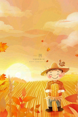 秋天金黄的农田小麦稻谷稻草人落日秋收立秋处暑秋分卡通插画背景 秋天金黄的农田小麦稻谷稻草人落日秋收立秋处暑秋分卡通插画背景