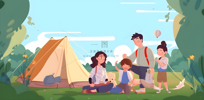 户外野外森林草原露营人们卡通插画背景 户外野外森林草原露营人们卡通插画背景