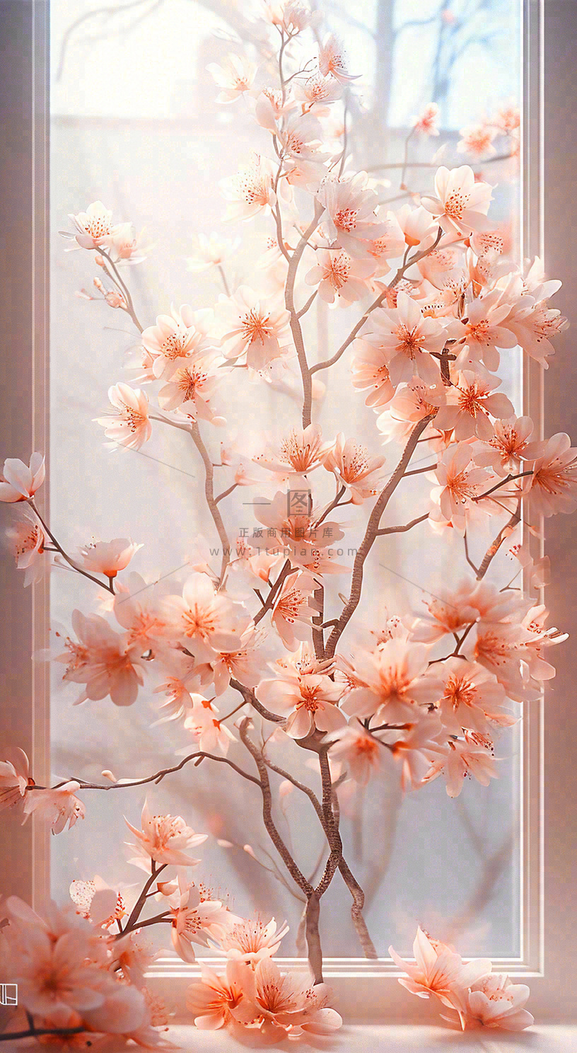 春天窗台粉色渐变鲜花,枝叶