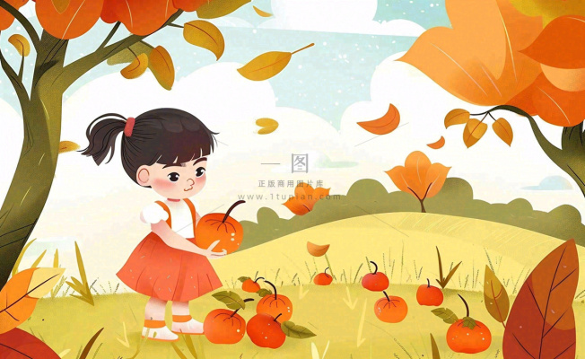 秋天摘水果的女孩果树落叶秋分立秋卡通插画背景 秋天摘水果的女孩果树落叶秋分立秋卡通插画背景