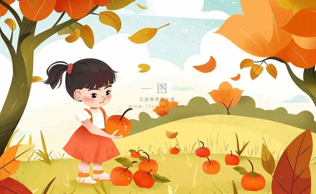秋天摘水果的女孩果树落叶秋分立秋卡通插画背景 秋天摘水果的女孩果树落叶秋分立秋卡通插画背景